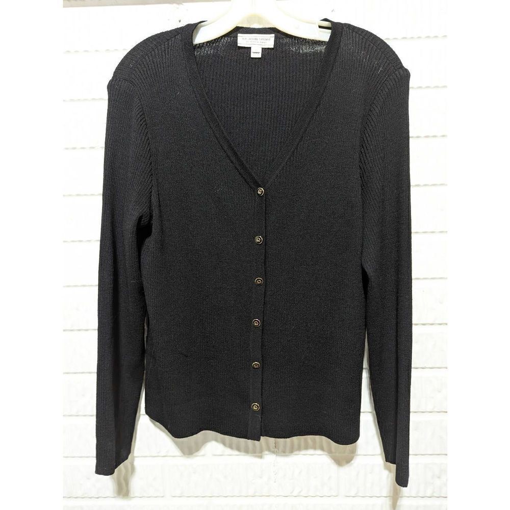 St. John Sport by Marie Gray Women's Black Wool Ribbed Cardigan Sweater Large